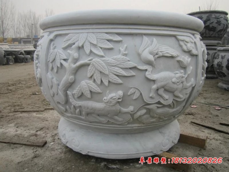 汉白玉水盆石雕，仿古水盆