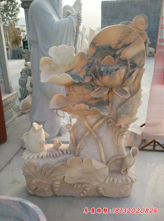 荷塘月色石雕，晚霞红景观石雕