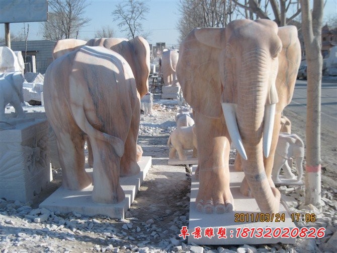 吉祥如意大象，晚霞红大象石雕