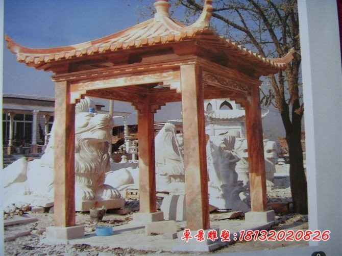 凉亭石雕，晚霞红四角凉亭