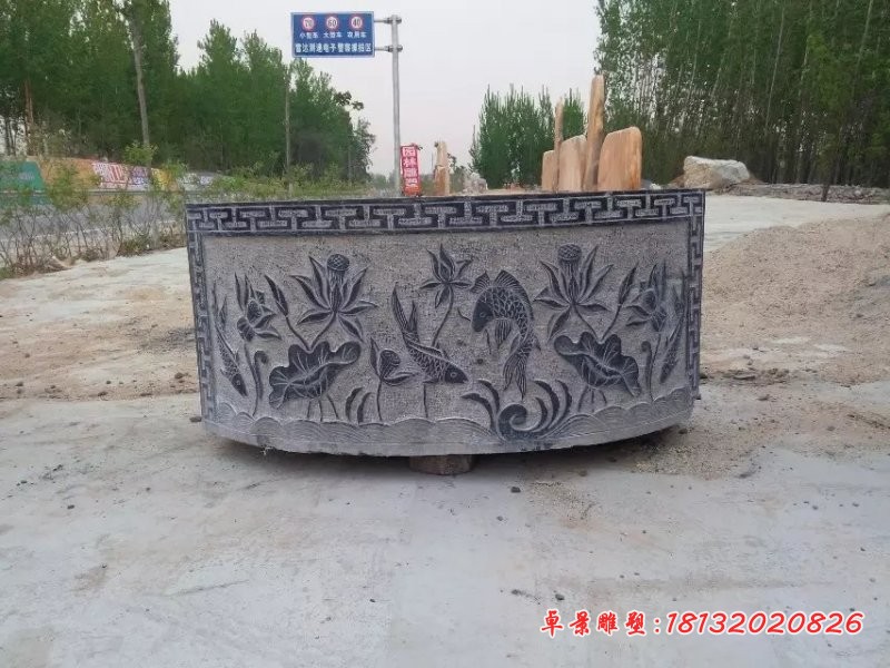 青石花盆，石雕水盆