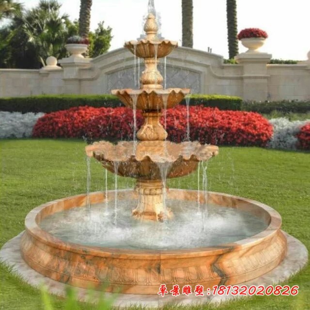 三层晚霞红喷泉雕塑，喷泉石雕