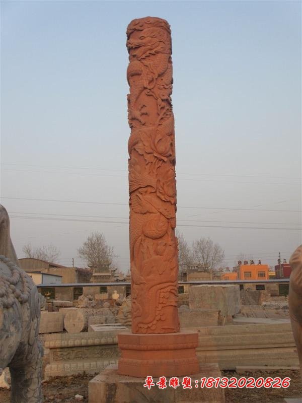 石雕龙柱，晚霞红龙柱雕塑 