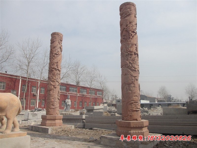 石雕龙柱，晚霞红龙柱雕塑