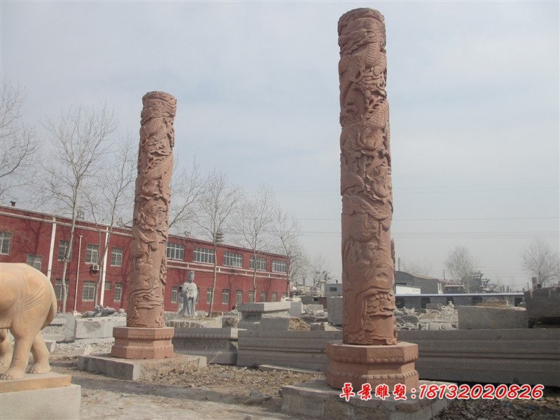 石雕龙柱，晚霞红龙柱雕塑 