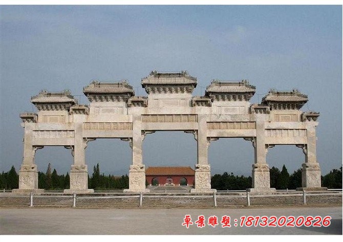 石雕牌坊，晚霞红牌坊石雕