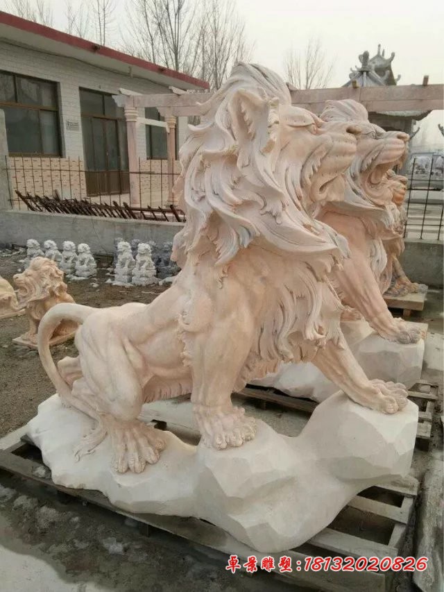石雕狮子，晚霞红狮子