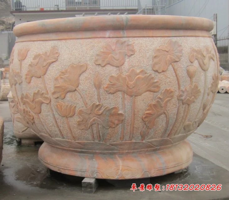 石雕水盆，晚霞红石水盆