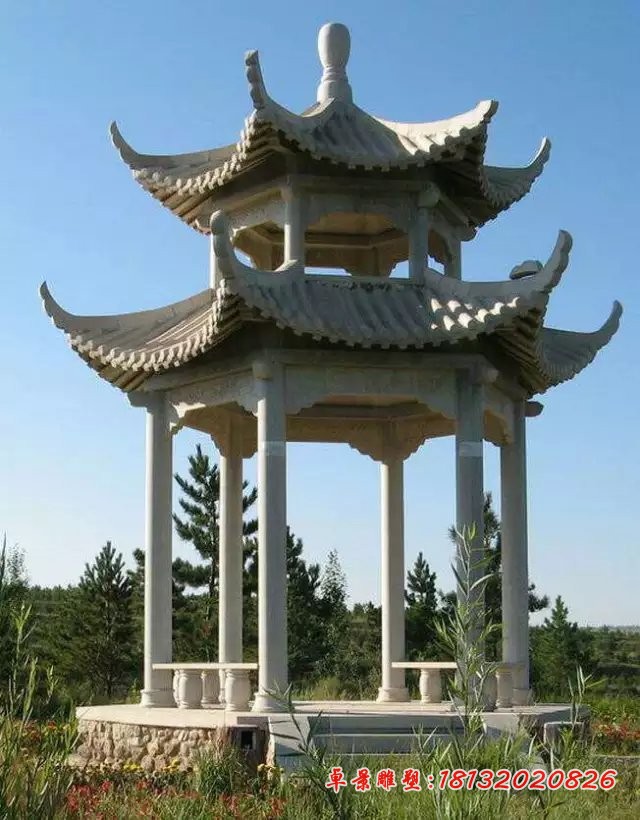 石雕亭子，双层六角石凉亭