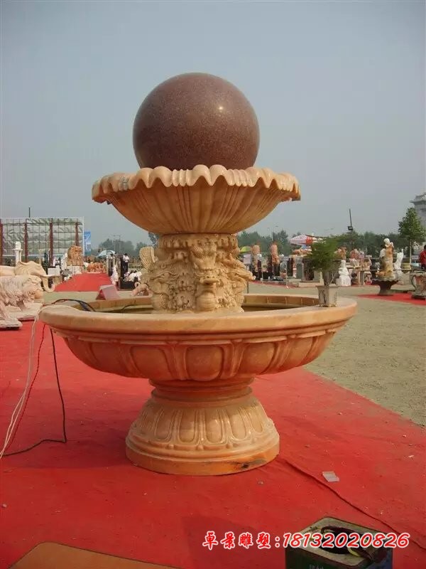 晚霞红风水球雕塑，风水球喷泉石雕