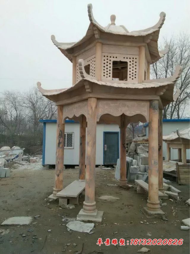 晚霞红凉亭石雕