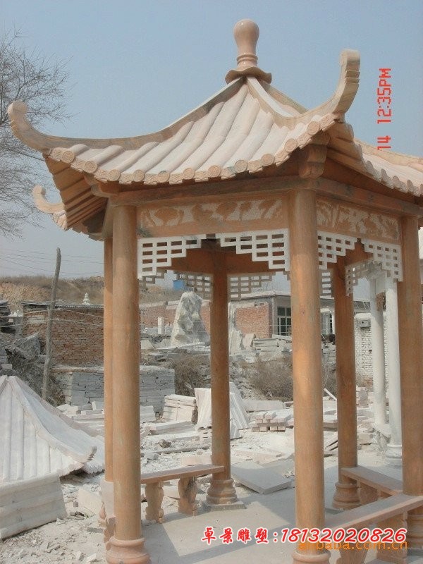 晚霞红凉亭石雕，六角凉亭