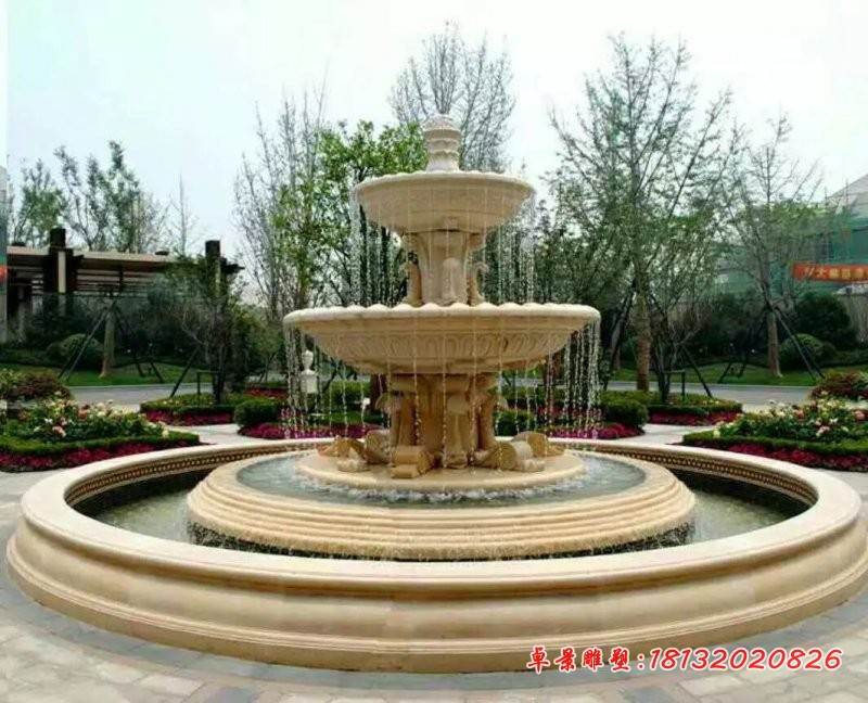 晚霞红喷泉，石雕喷泉雕塑