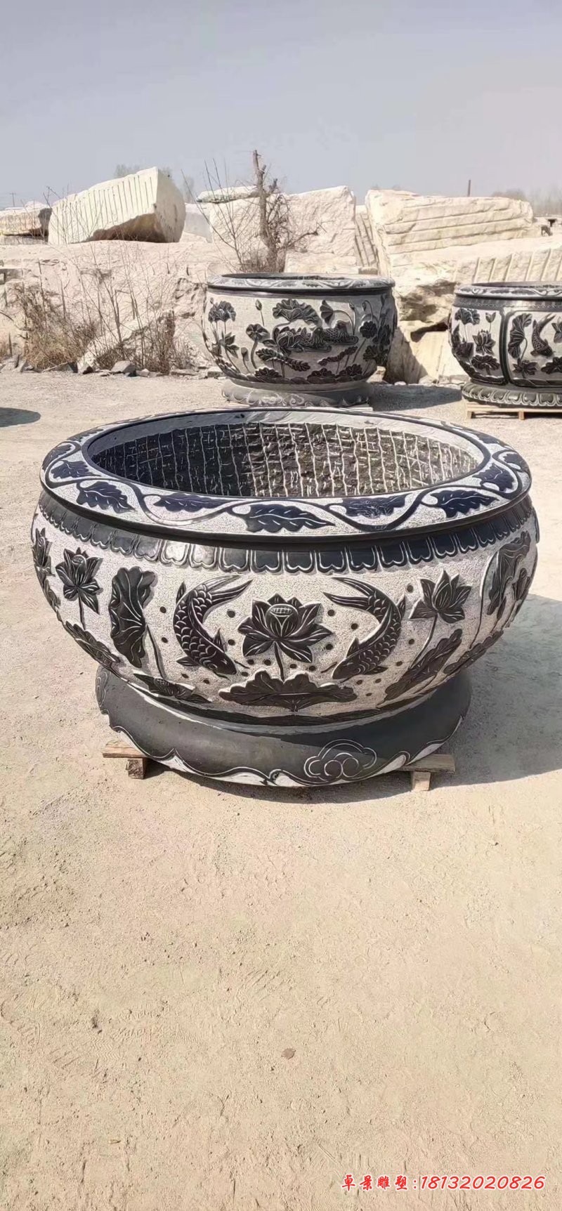 大理石荷花鲤鱼石雕鱼缸