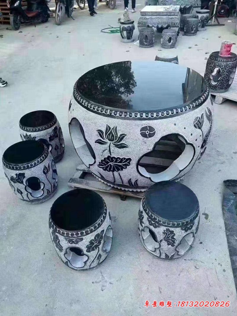 大理石荷花圆形桌椅凳石雕