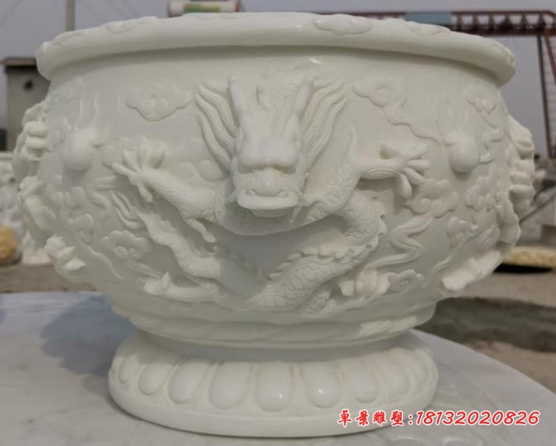 汉白玉龙浮雕鱼缸雕塑