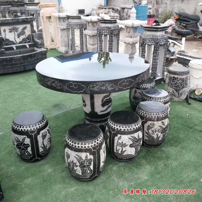 青石仿古荷花圆桌等石雕