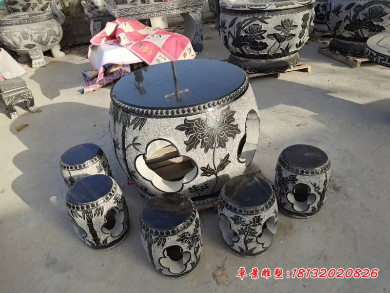 青石仿古荷花桌椅凳石雕