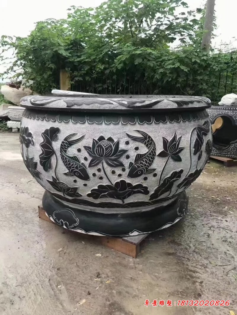青石莲花鱼浮雕鱼缸石雕