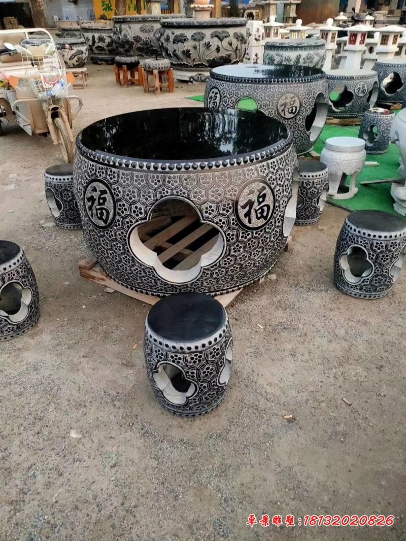 圆形福字石桌凳石雕