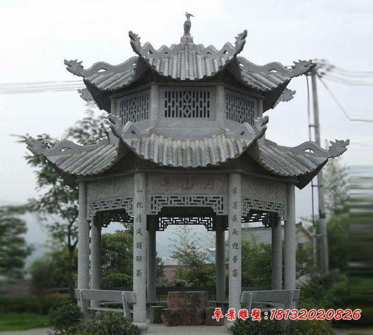 八角凉亭石雕，青石凉亭雕塑