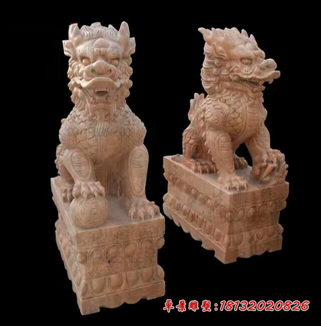 踩球麒麟石雕，晚霞红麒麟雕塑