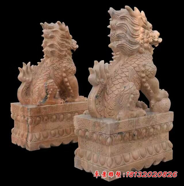 踩球麒麟石雕，晚霞红麒麟雕塑 