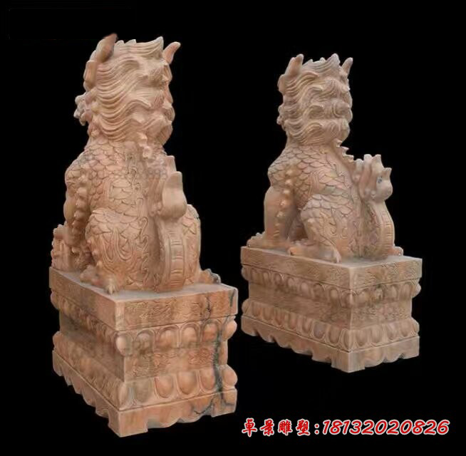 踩球麒麟石雕，晚霞红麒麟雕塑