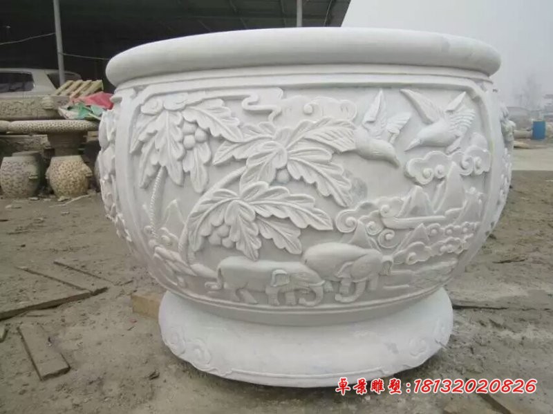 大象椰子树石浮雕，汉白玉水缸石雕