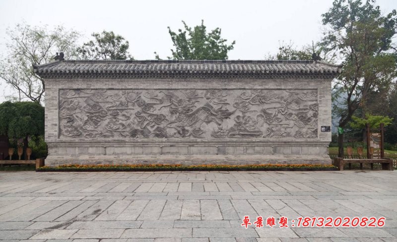 大型石雕影壁，麒麟浮雕影壁