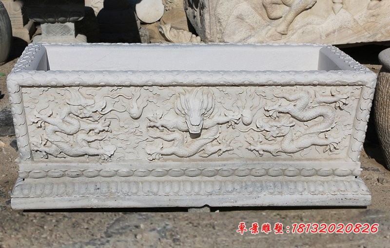 方形水缸石雕，龙浮雕水缸