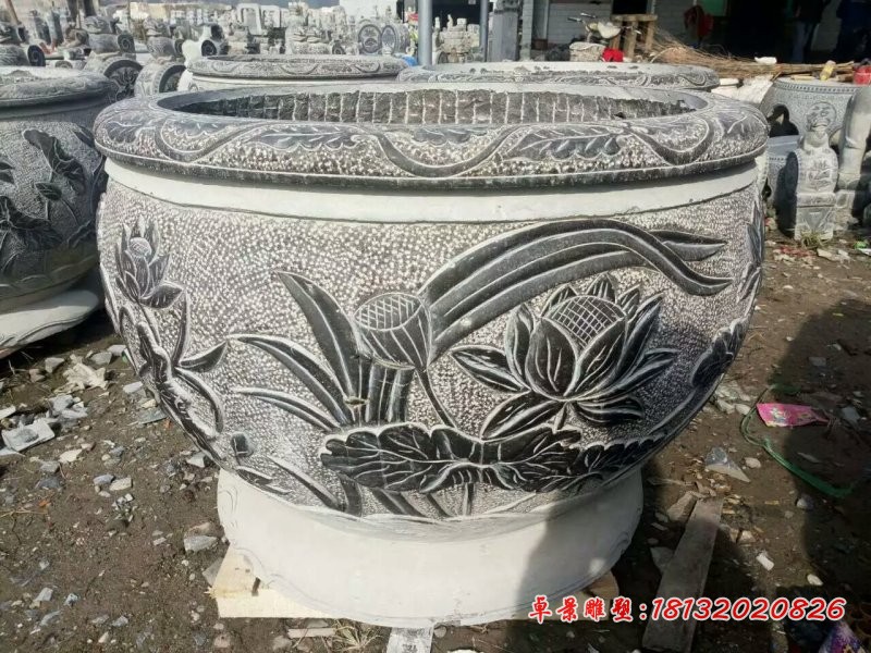 仿古水缸石雕，青石水缸雕塑 (2)