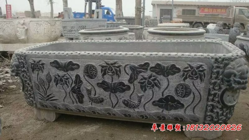 仿古水盆雕塑，石雕荷花水盆