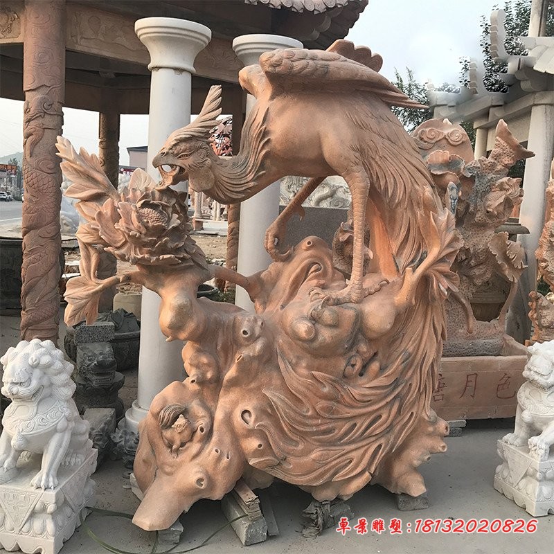 凤凰牡丹石雕，晚霞红景观石雕
