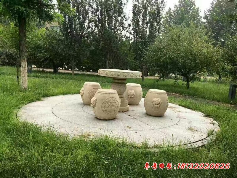 鼓式桌凳石雕，公园石桌凳