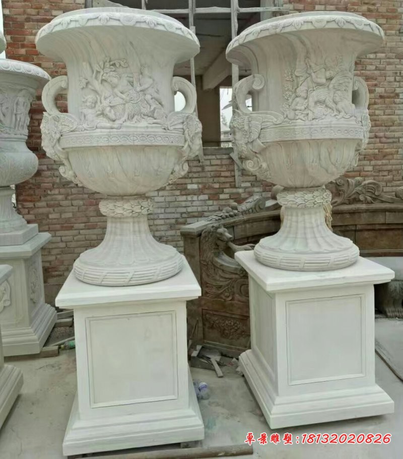 汉白玉花盆石雕，欧式花盆雕塑