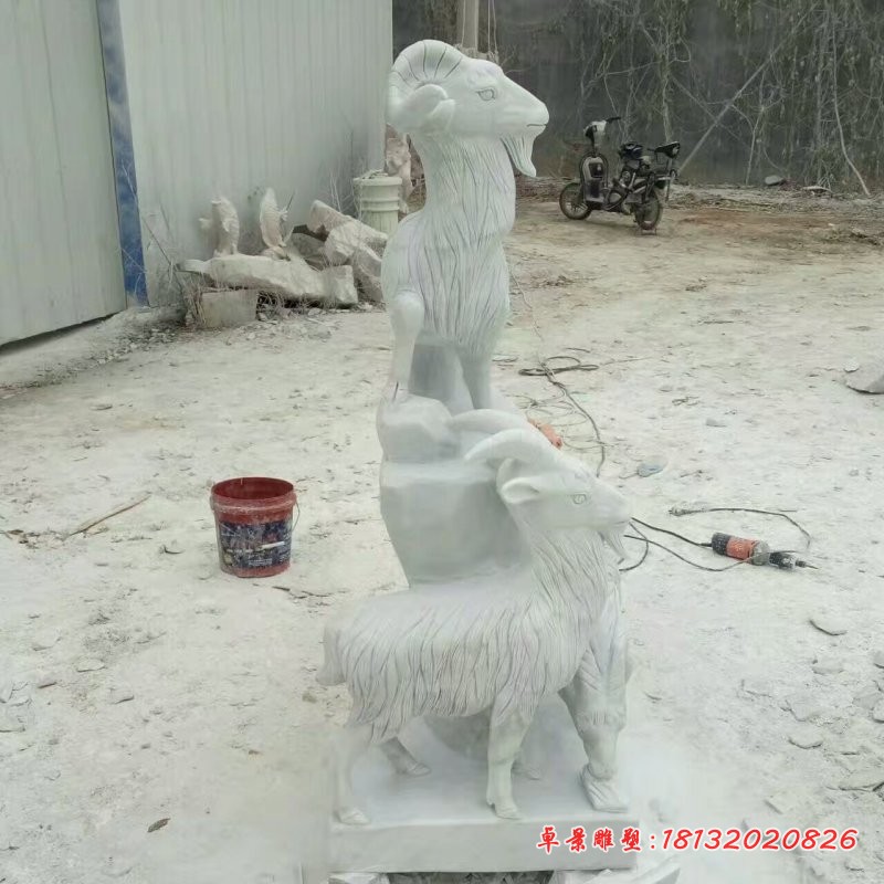 汉白玉山羊雕塑，石雕三羊开泰 (2)