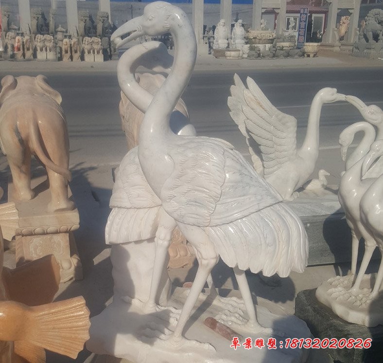 汉白玉仙鹤石雕，公园动物石雕