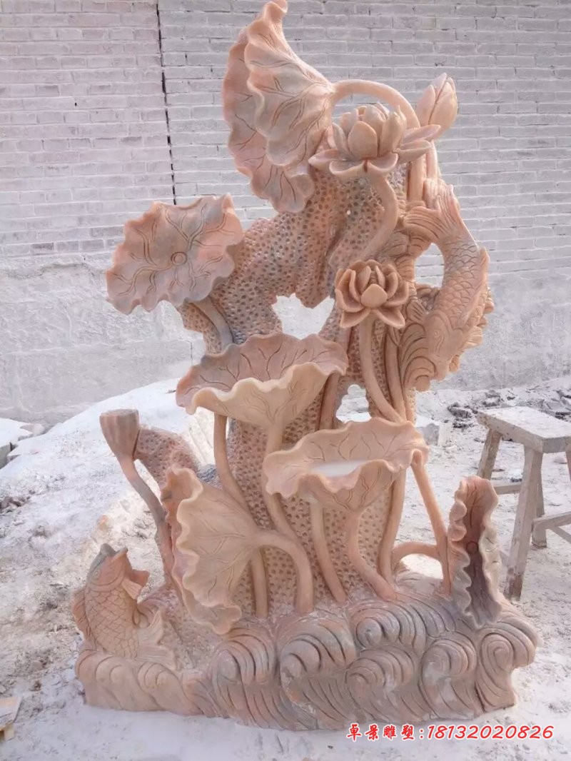 荷花与鱼雕塑，晚霞红景观石雕 (3)