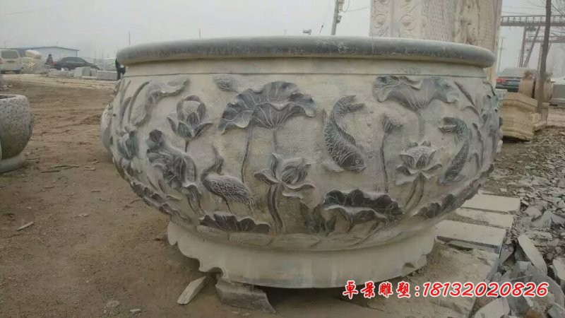 荷花仙鹤水缸石雕，仿古水缸雕塑 