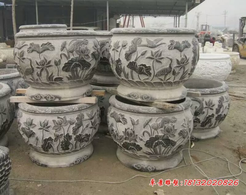 荷花仙鹤水缸石雕，仿古水缸雕塑 