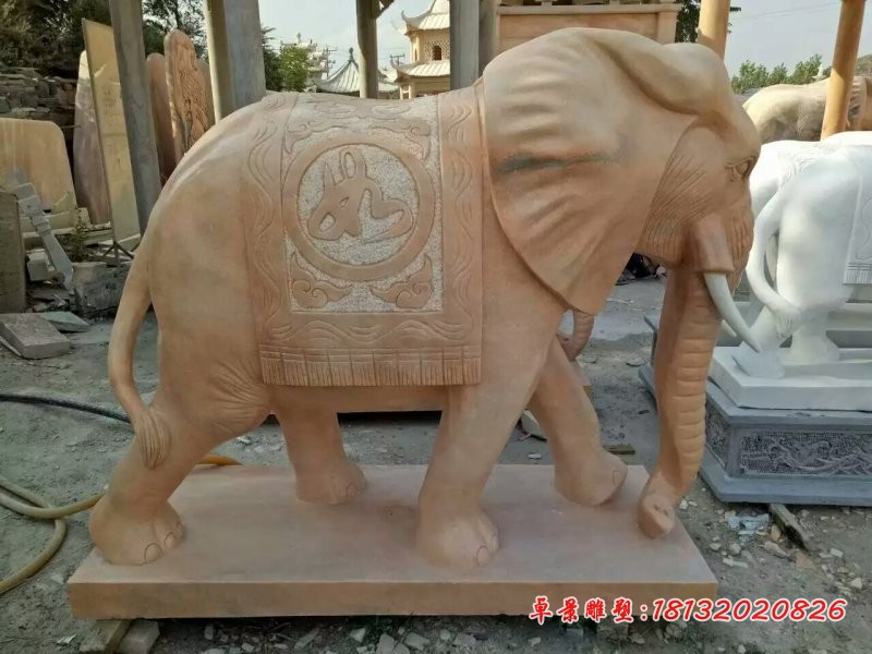 吉祥如意大象雕塑，晚霞红石雕象 (2)