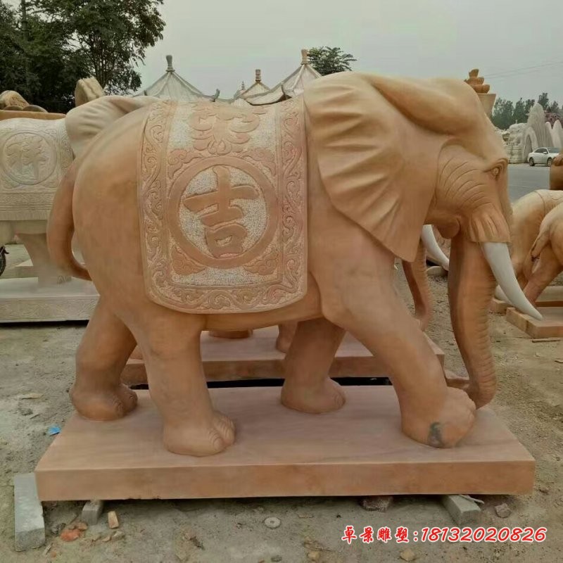 吉祥如意大象雕塑，晚霞红石雕象 (3)