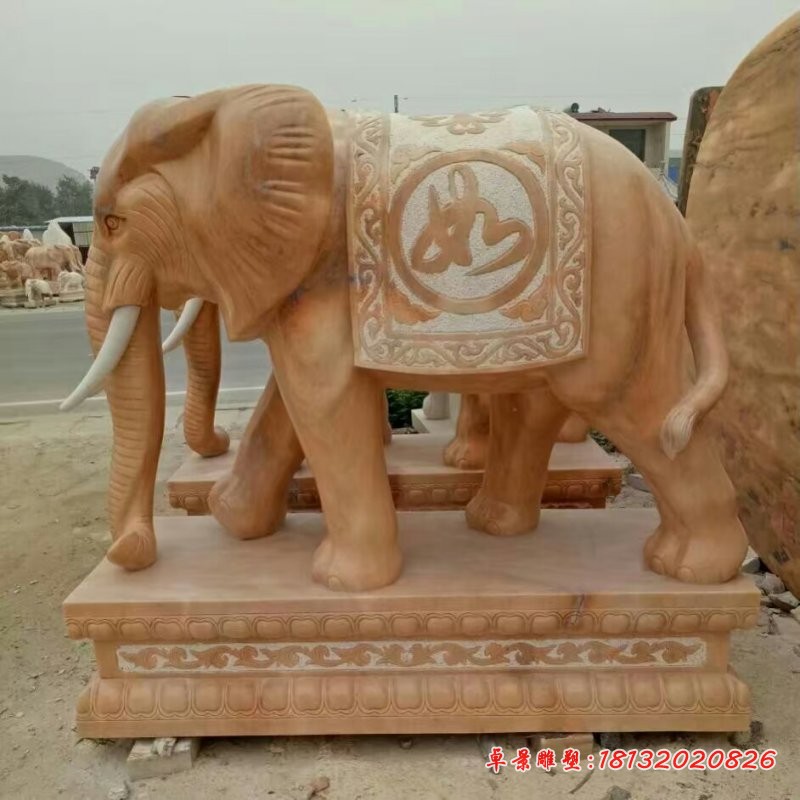 吉祥如意大象雕塑，晚霞红石雕象 (4)