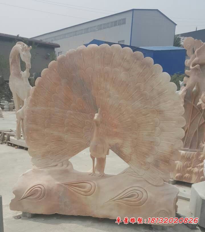 孔雀开屏石雕，晚霞红动物雕塑 (2)
