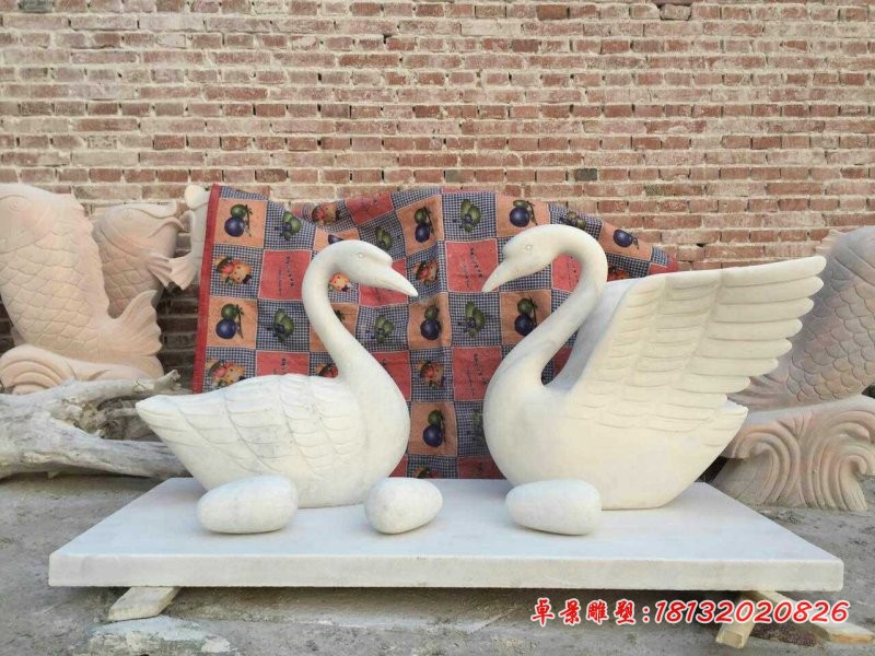 两只天鹅石雕，汉白玉天鹅