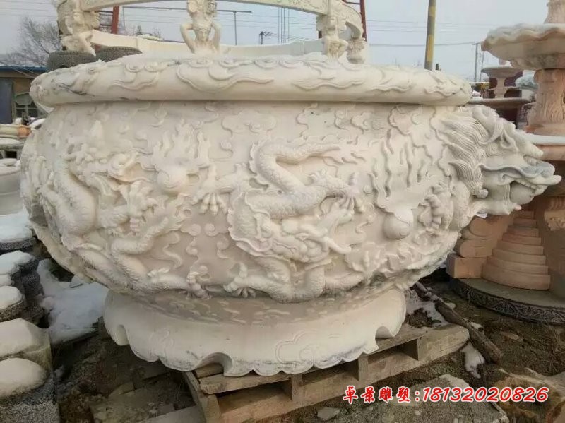 龙浮雕水缸雕塑，汉白玉石雕水缸