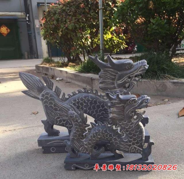 龙石雕，青石母子龙