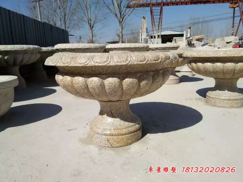 麻沙花盆雕塑，景观花盆石雕
