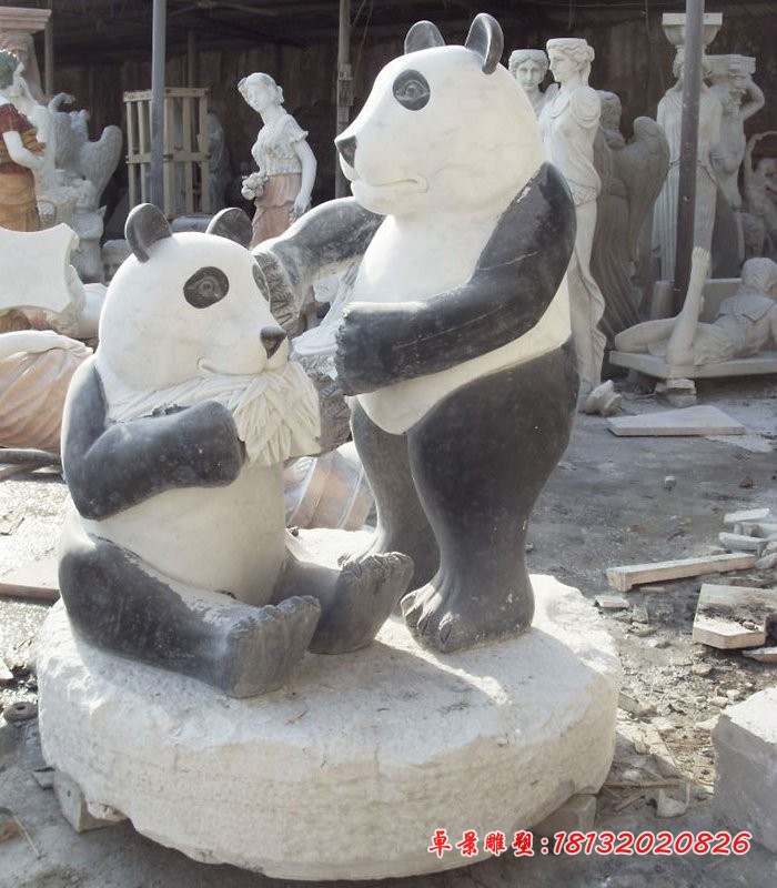 母子熊猫石雕，仿真动物雕塑 
